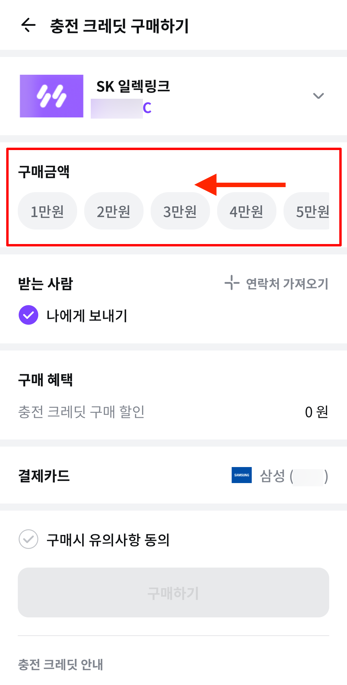 충전 금액 선택 화면